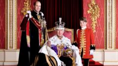 El rey Carlos III es fotografiado en el Palacio de Buckingham Palace sentado en el trono con su hijo, el prínicpe William, a su lado y el príncipe George en el otro lado.