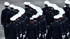 French soldiers march during the annual Bastille Day military parade in Paris, 2019
