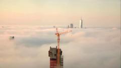 Dense fog transforms New York into a city on clouds