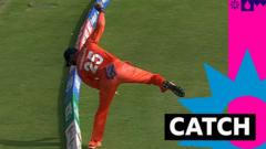 Nidamanuru's superb boundary catch removes Gill on 51
