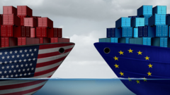 Ilustração mostra dois navios cargueiros, frente a frente, um estampando bandeira dos EUA e outro da União Europeia