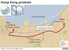 Route of Sunday's protests in Hong Kong