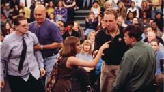 Security guard Steve Wilkos (L) and another guard (R) separate and restrain fighting guests on The Jerry Springer Show. The show's topic was "I Am Pregnant By Half-Brother."