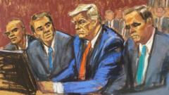 Former U.S. President Trump appears on classified document charges after a federal indictment at Wilkie D. Ferguson Jr. United States Courthouse, alongside his aide Walt Nauta and attorneys Chris Kise and Todd Blanche in Miami, Florida, U.S., June 13, 2023 in a courtroom sketch.