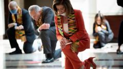 美國眾議院議長佩洛西和眾議員單膝跪地為佛洛依德默哀（Credit: Getty Images）