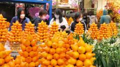 香港九龙旺角花墟一群顾客在选购五代同堂（五角茄）贺年盆栽（9/2/2021）