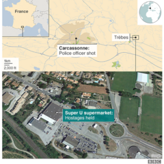 Map showing Carcassonne and Trebes