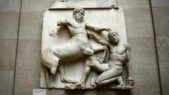 A sculpture of a centaur in combat with a man, part of the Parthenon Sculptures, on display in the British Museum.