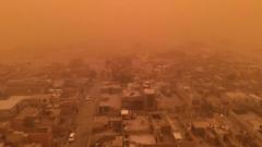 A aerial picture taken by drone shows the southern Iraqi city of Najaf during a dust storm