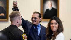 Johnny Depp gestures to court spectators during the trial