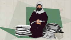 A graphic image of a young girl with a head covering sitting down to read a book, surrounded by a pile of books