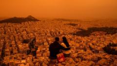 Orange Sahara dust haze descends over Athens