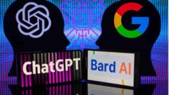 Google Bard VS OpenAI ChatGPT displayed on Mobile with Openai and Google logo on screen seen in this photo illustration