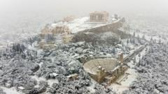 The Acropolis covered in snow in the Greek capital Athens