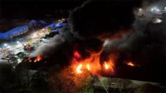 Watch: Aerial footage shows recycling centre fire