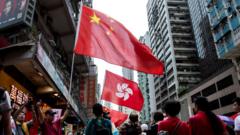People hold the Chinese and Hong Kong flags as they take part in a pro-government rally in Hong Kong on August 17, 2014.