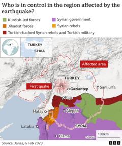 지진 발생 지역과 시리아 북서부 지역별 장악 세력이 표시된 지도