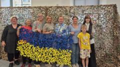 A group of women and two children standing in front of a very large tan and green camouflage net. They are holding up another small net, weaved in the blue and yellow colours of the Ukrainian flag