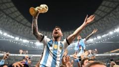 Lionel Messi, of Argentina, celebrate wit di World Cup trophy afta im win di 2022 final for Qatar - for Lusail Stadium on 18 December 2022.