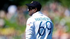 Angelo Mathews of Sri Lanka looks on during day two of the Second Test Match between New Zealand and Sri Lanka at Basin Reserve on March 18, 2023 in Wellington, New Zealand