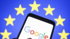 设计图片欧盟旗帜与手机上的谷歌商标