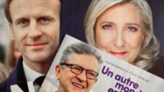 This picture taken on 6 April 6, 2022 in Marseille, southern France, shows folded electoral leaflets of Emmanuel Macron, Jean-Luc Melenchon (C) and e Marine Le Pen