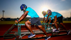 Members of the Brazil 4-man bobsleigh team training on a racing track