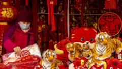 Mulher olha objetos de decoração para o Ano Novo chinês em Xangai