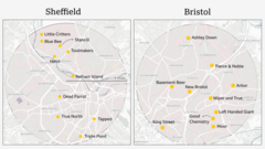 Side-by-side maps of Sheffield and Bristol showing the ten breweries within a ten mile radius of each other.