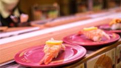Plates of sushi on a conveyor belt