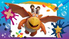 Orange dragon Zog, flying towards the the screen, with doctors Princess Pearl and Sir Gadabout riding him. Colourful splats and paintbrushes, jelly beans and stickers can all be found in CBeebies Creative Lab game.