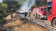 Firefighters at the scene where to helicopters collided. Three men stand next to two fire engines