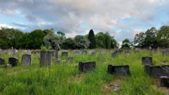 Low marble gravestones in an overgrown part of a graveyard