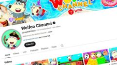 Screenshot of YouTube showing "Wolfoo Channel" and various colourful video thumbnails and graphics