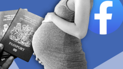 Mujer embarazada con un pasaporte y el logo de FB de fondo