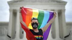 A demonstrator with a Pride Flag standing in front of the US Supreme Court in June 2020