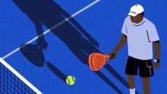 Illustration showing man in white cap, blue top and black shorts, holding a red racket