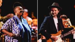 A split image of a woman singing and a man playing guitar.