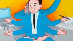 忙碌的上班族即便著火還在工作邊打坐邊做瑜珈