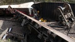 picture taken on April 22, 2014 shows derailed wagons after a train sped off the rails 65km north of Kamina, in the southern province of Katanga, Democratic Republic of Congo.
