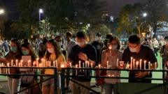 在香港維多利亞公園點起蠟燭悼念北京「六四」事件死難者的群眾（4/6/2020）