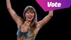 Popstar Taylor Swift has her hands up in the air, with text saying VOTE in the top right corner
