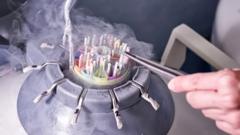 A person manipulating a Frozen Storage At Sperm Bank with nitrogen smoke