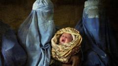 Afghan women in burkas, with baby. Photo collage illustration from photographs courtesy Getty Images