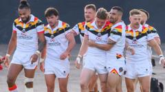 Bradford Bulls celebrate during a Super League fixture this season