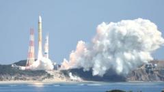 Japan H3 medium lift rocket launches from Tanegashima space port before engine failure.
