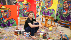 Andrés Valencia en su estudio, rodeado de sus cuadros.