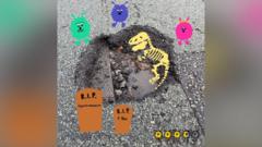 Illustrator draws colourful creatures in potholes