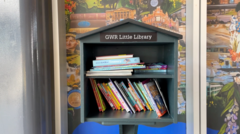 A wooden structure can be seen with two shelves and with books on both levels. It has the title GWR Little Library on it.