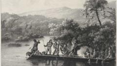 Gravura de Rugendas mostra indios em uma canoa em meados do seculo 19